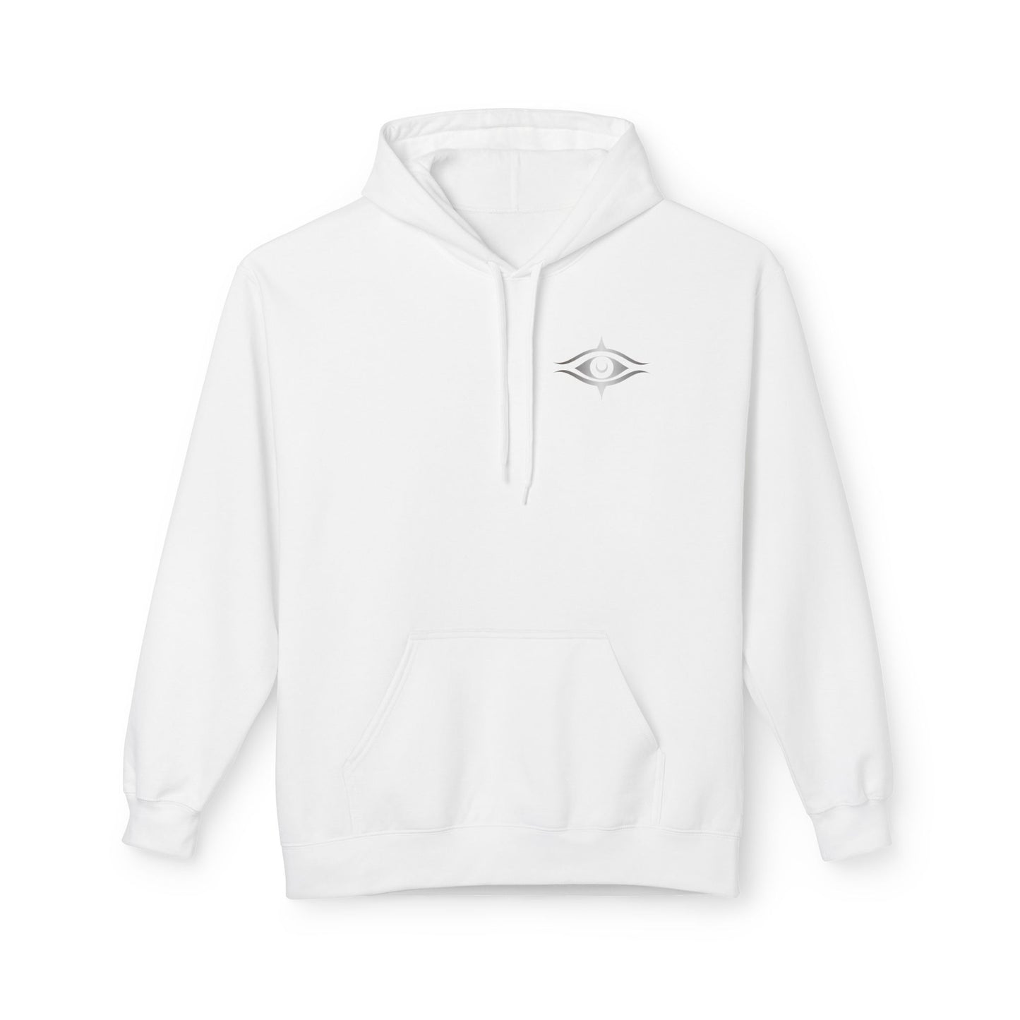 White hoodie with a small logo on the chest against a white background