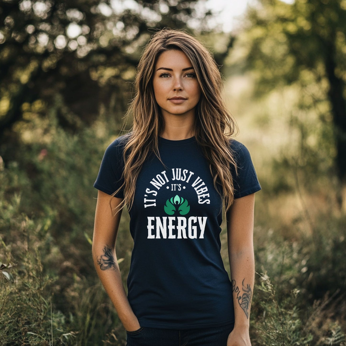Woman wearing a t-shirt with a motivational quote in a natural setting – Lunar Lightwear conscious clothing