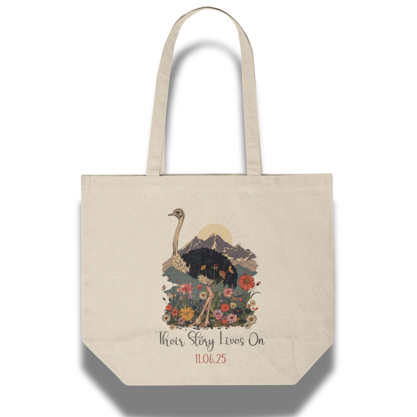 Beige tote bag with an ostrich illustration and floral elements on a white background