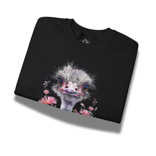Black sweatshirt with an ostrich graphic and flowers on a white background