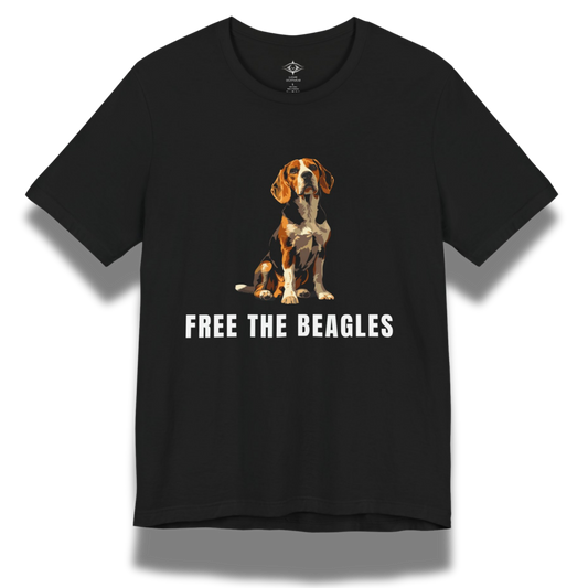 Black t-shirt with a beagle graphic and 'Free the Beagles' text