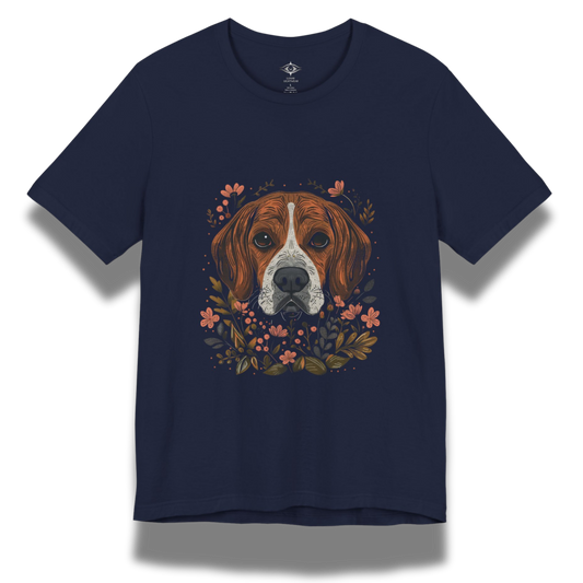 Navy blue t-shirt with a beagle dog illustration and floral elements on a white background