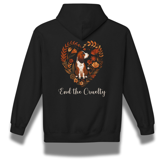 Black hoodie with a beagle dog illustration and 'End the Cruelty' text on the back