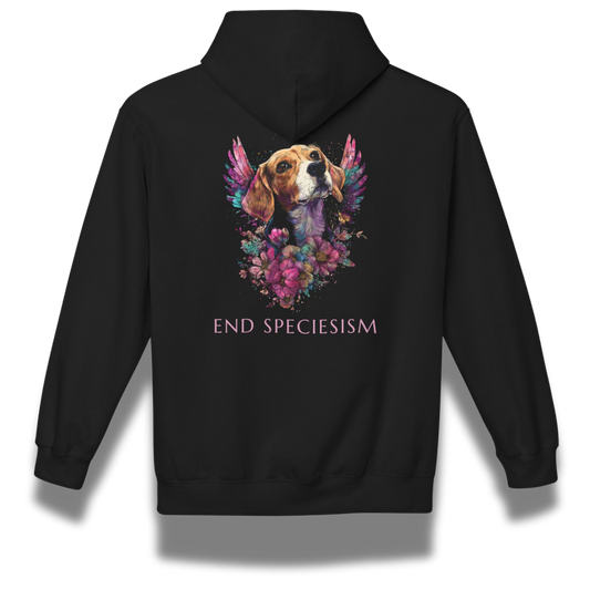 Black hoodie with a colorful beagle dog illustration and 'End Speciesism' text on the back.