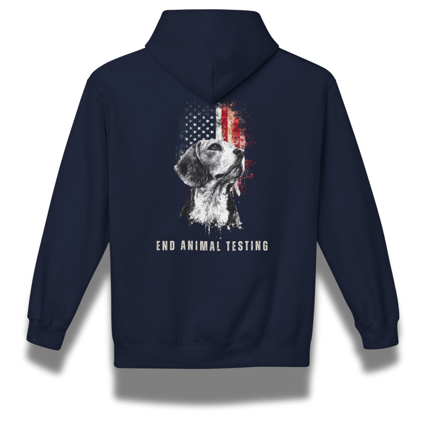 Navy blue hoodie with a graphic of a dog and American flag on the back, featuring the text 'End Animal Testing'.