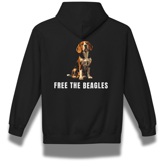 Black hoodie with a beagle dog illustration and 'Free the Beagles' text on the back.