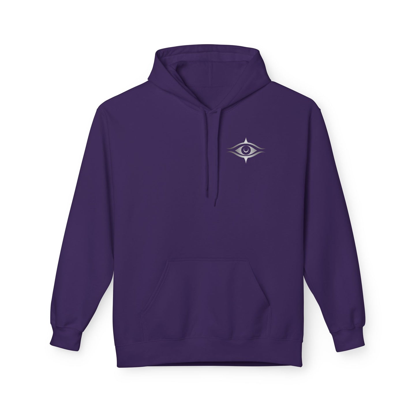 Purple hoodie with a small logo on the chest against a white background