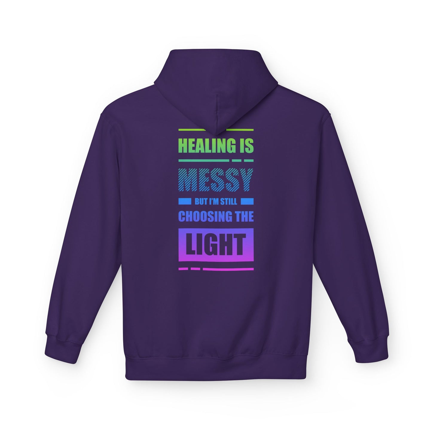 Purple hoodie with motivational text on the back against a white background