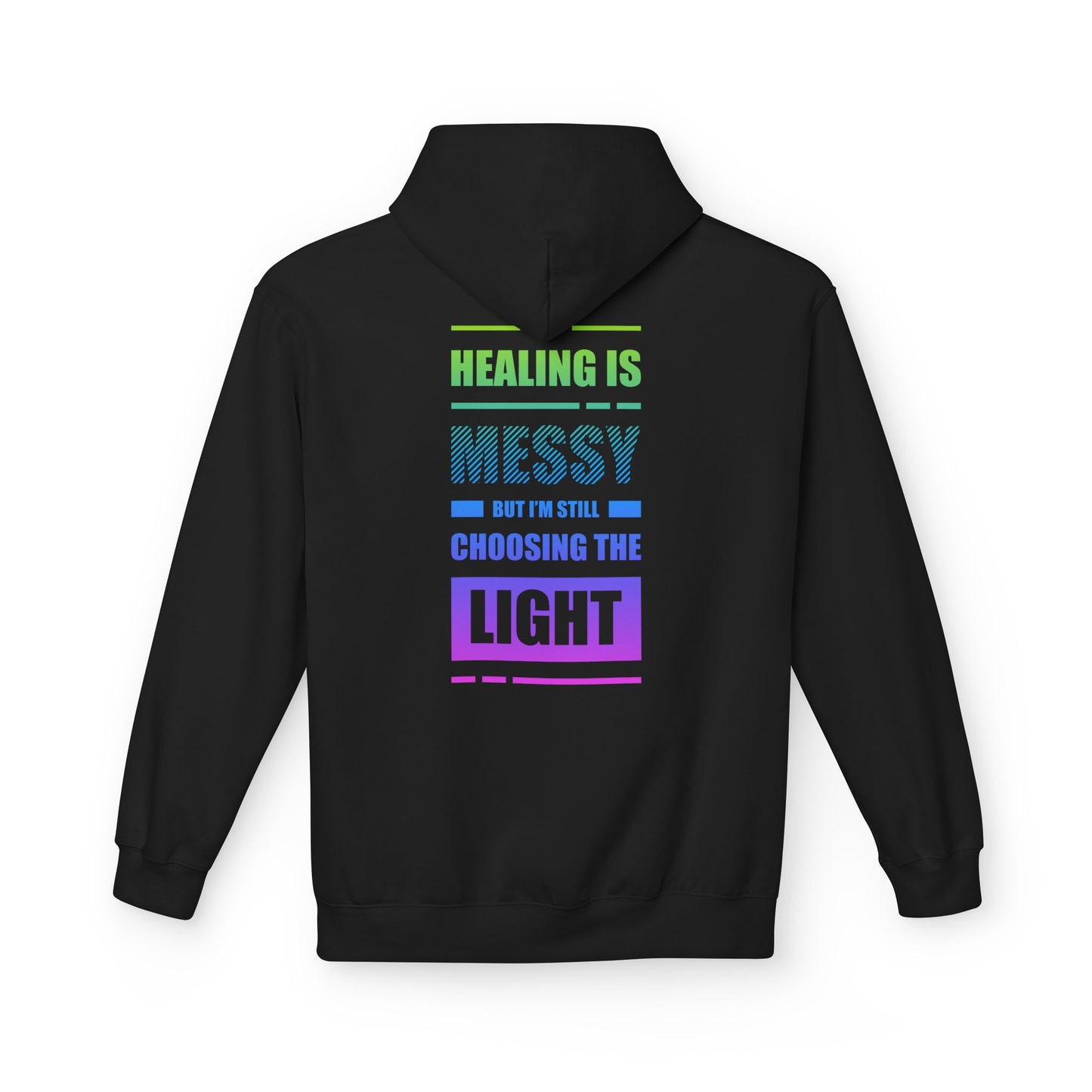 Black hoodie with colorful text on the back against a white background