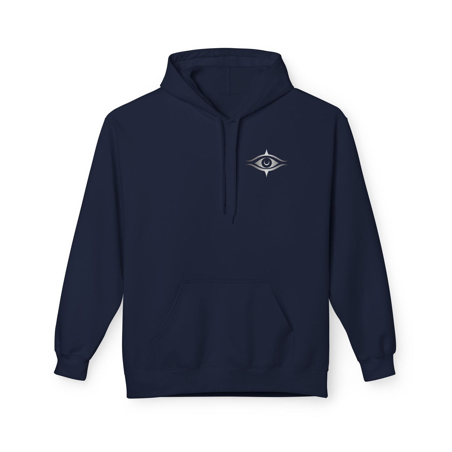 Navy blue hoodie with a small logo on the chest against a white background