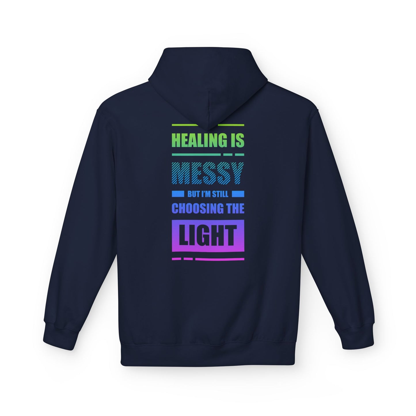Navy blue hoodie with motivational text on the back against a white background