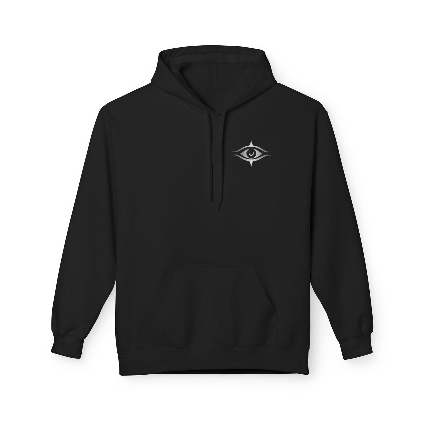 Black hoodie with a small logo on the chest against a white background