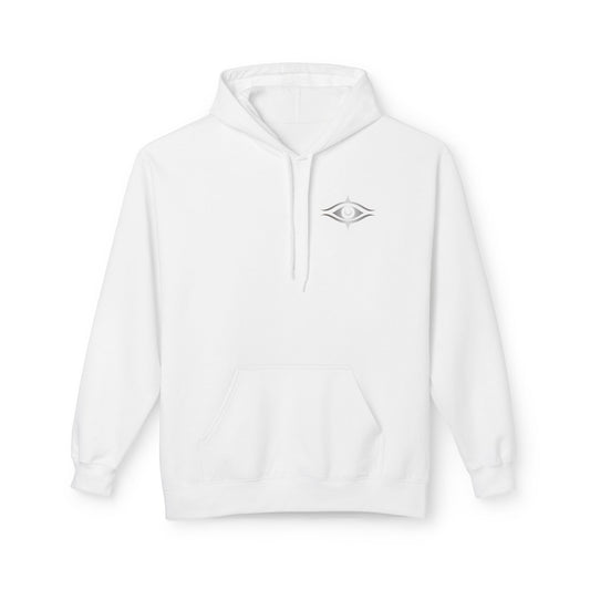 White hoodie with a small logo on the chest against a white background