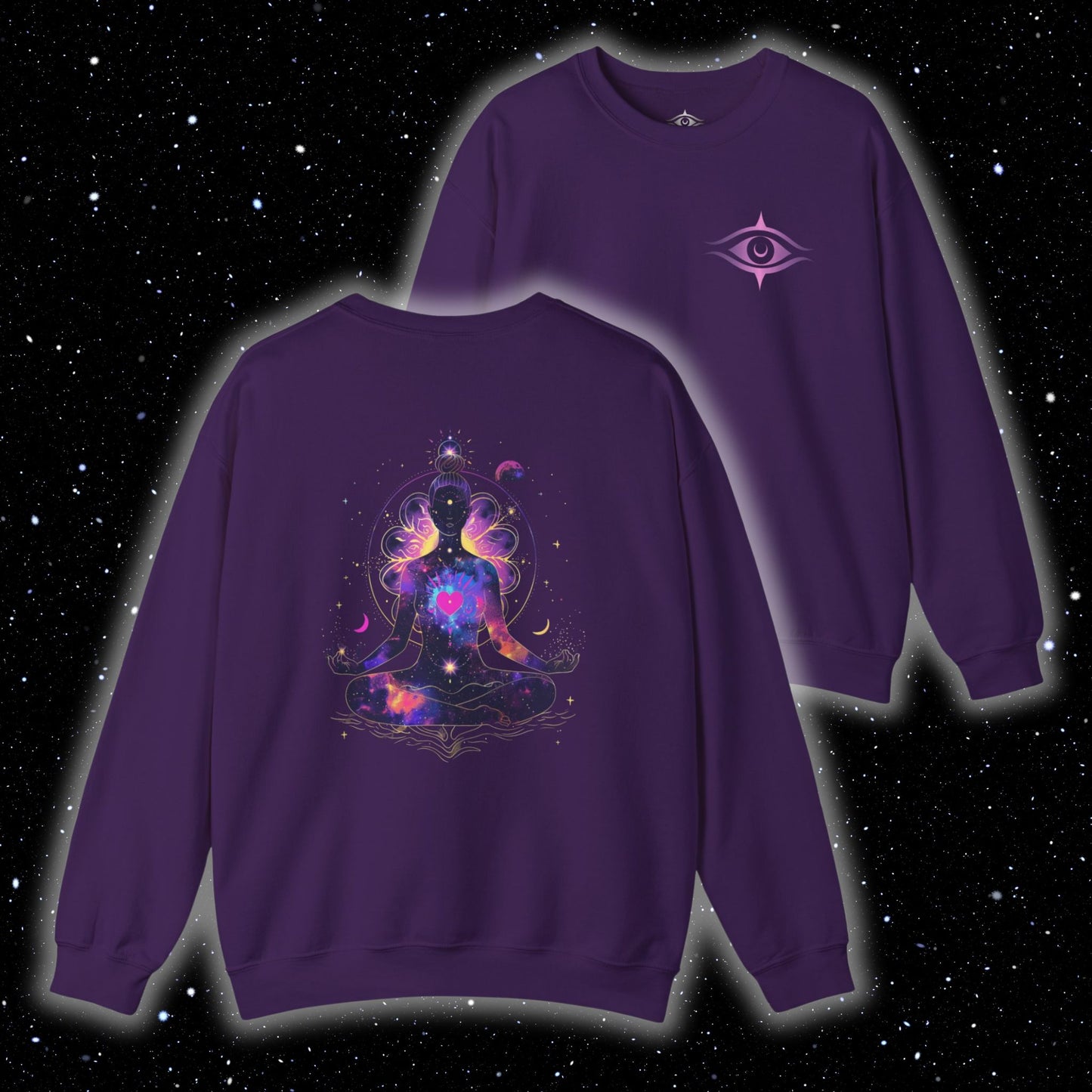 Spiritual crewneck sweatshirt with meditating woman silhouette, cosmic stars, moons, and floral details – Divine Alignment by Lunar Lightwear