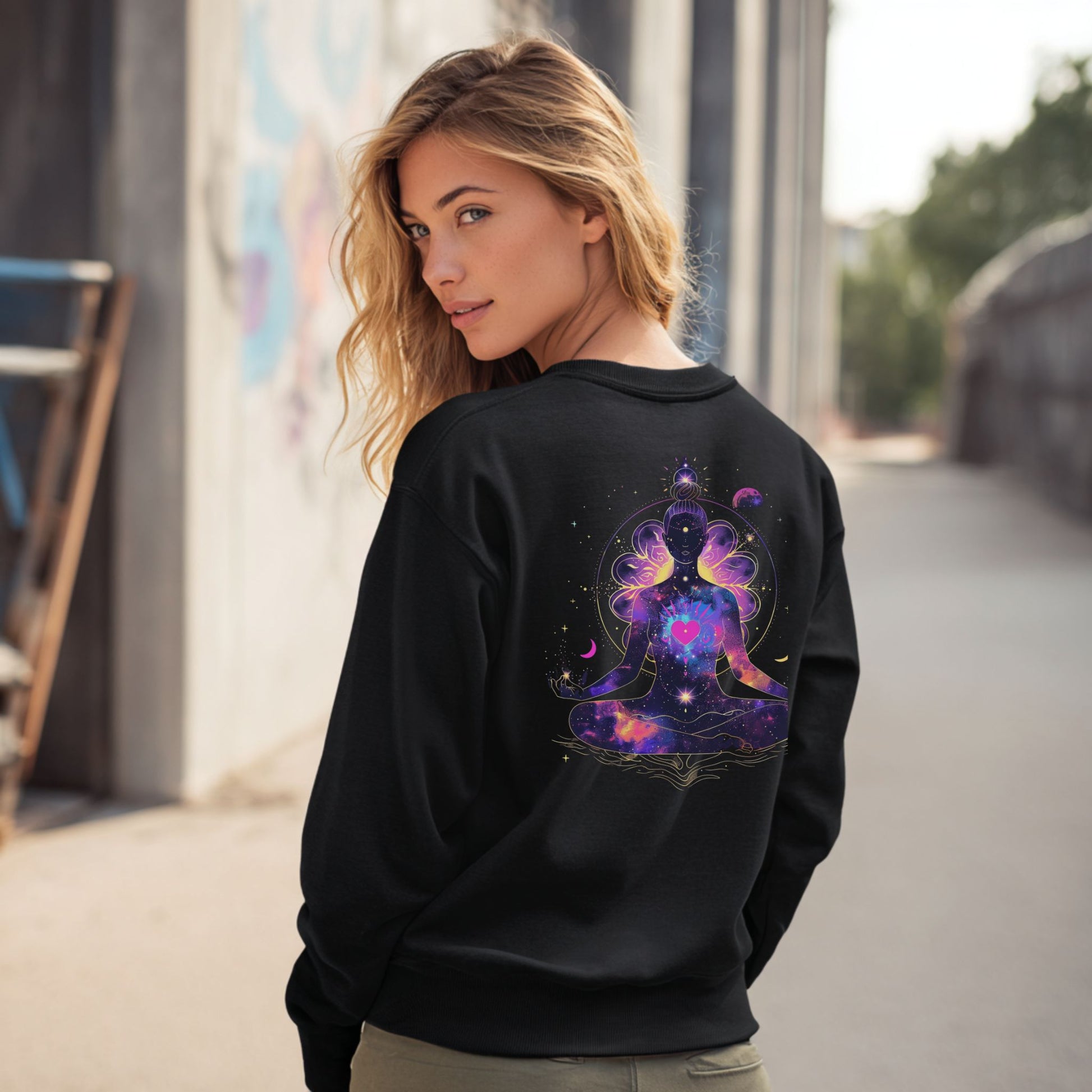 Woman model wearing sweatshirt featuring meditating woman silhouette, cosmic stars, moons, and floral details, a spiritual design – Lunar Lightwear conscious clothing