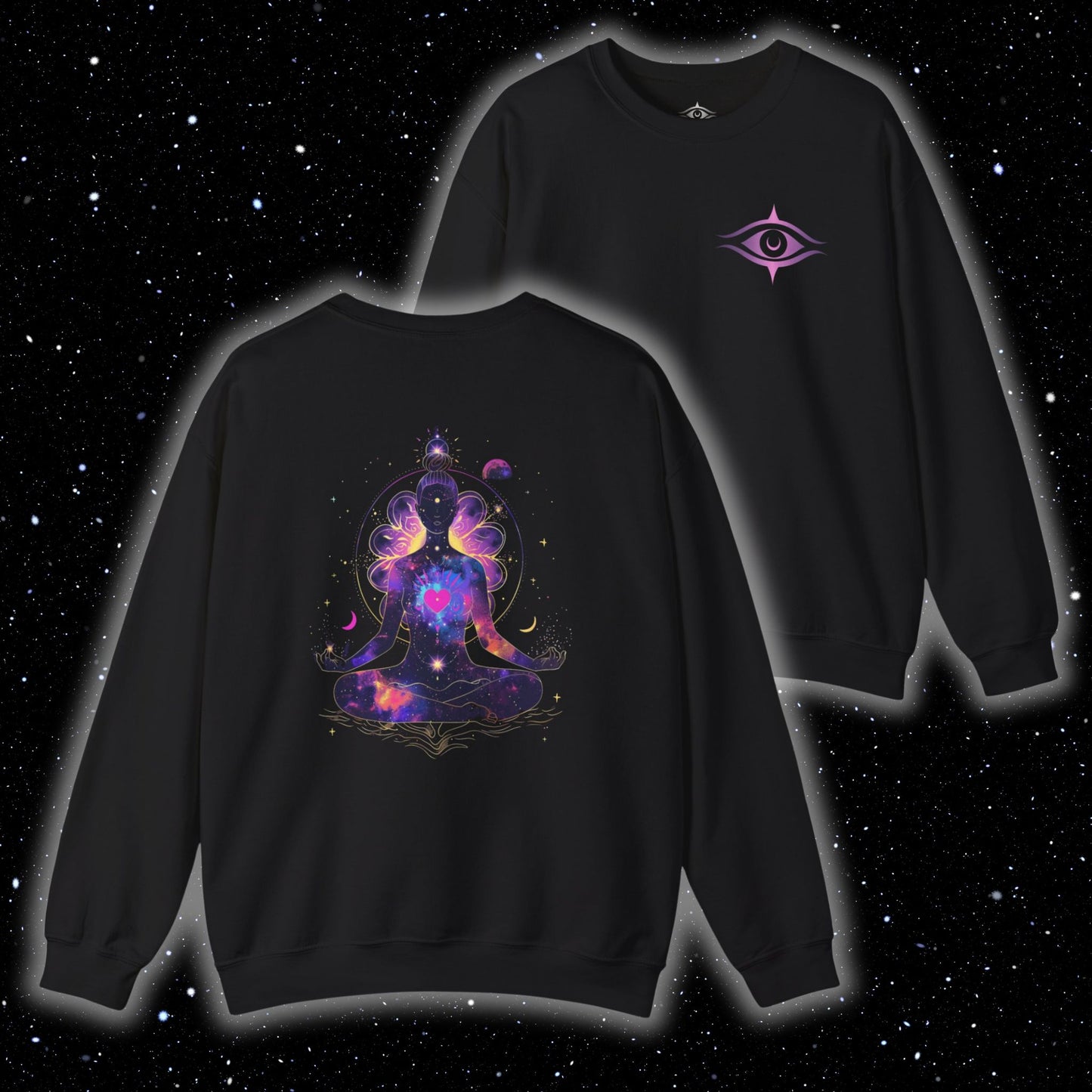 Spiritual crewneck sweatshirt with meditating woman silhouette, cosmic stars, moons, and floral details – Divine Alignment by Lunar Lightwear