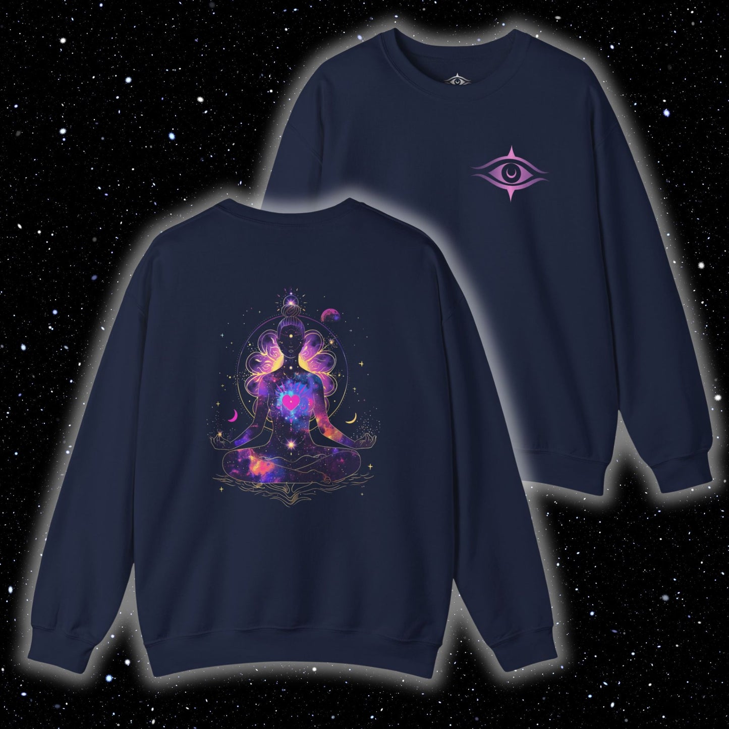 Spiritual crewneck sweatshirt with meditating woman silhouette, cosmic stars, moons, and floral details – Divine Alignment by Lunar Lightwear