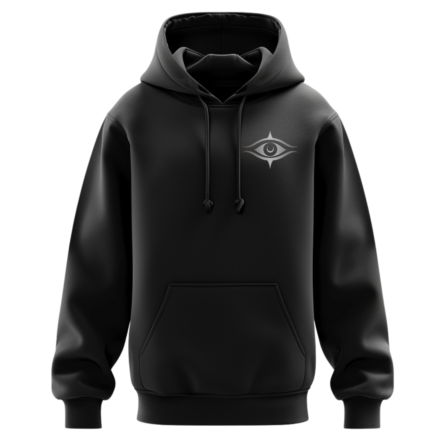 Black hoodie with a logo on the chest against a white background