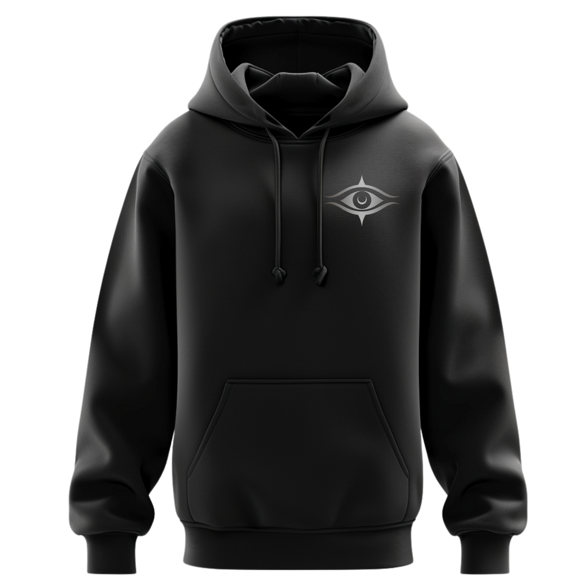 Black hoodie with a logo on the chest against a white background