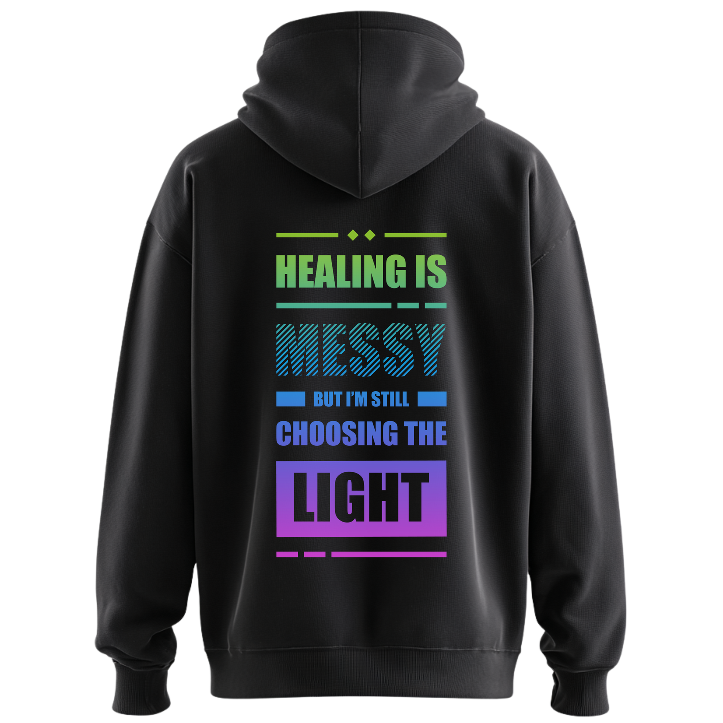 Black hoodie with motivational text on the back against a white background