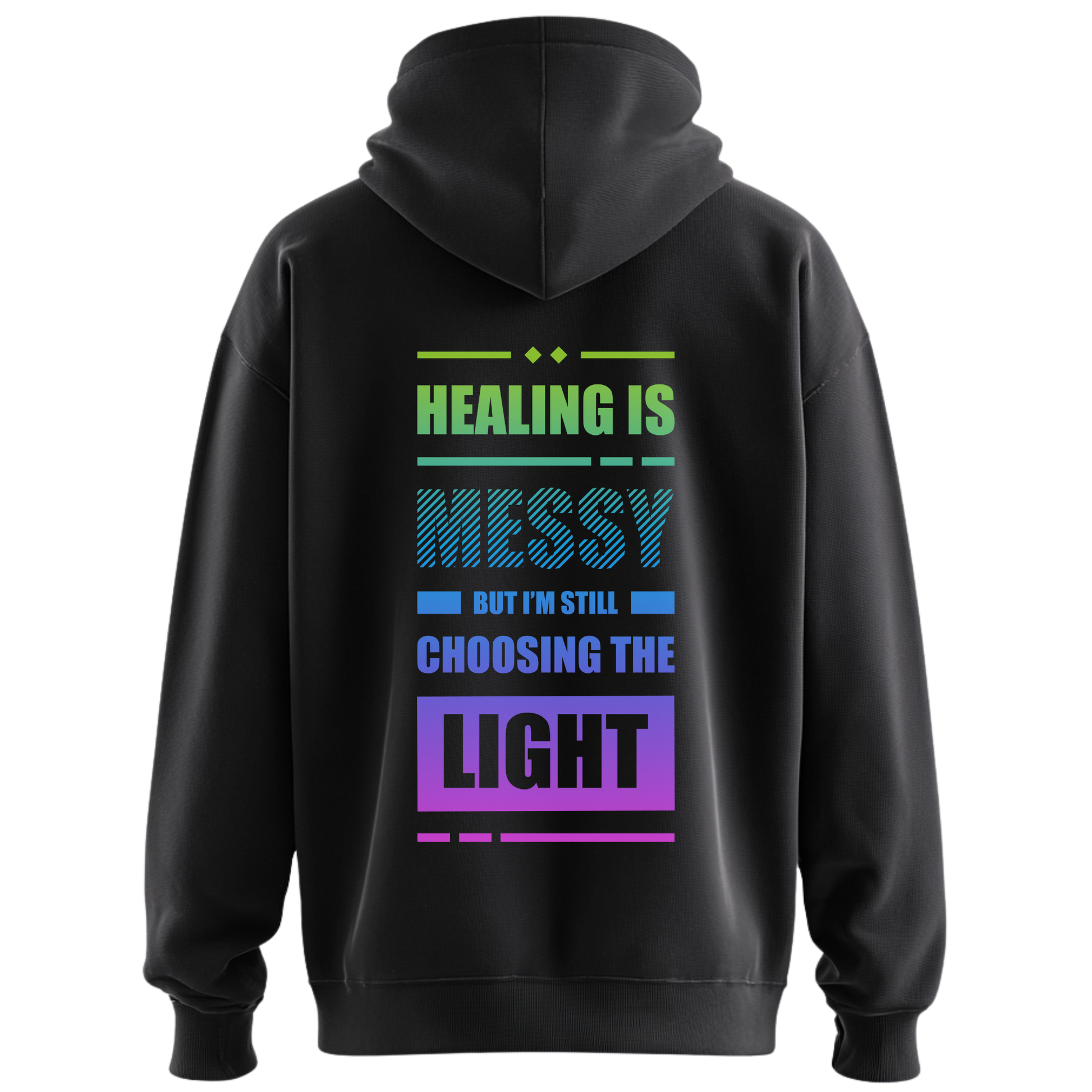 Black hoodie with motivational text on the back against a white background