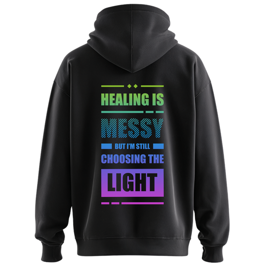 Black hoodie with motivational text on the back against a white background