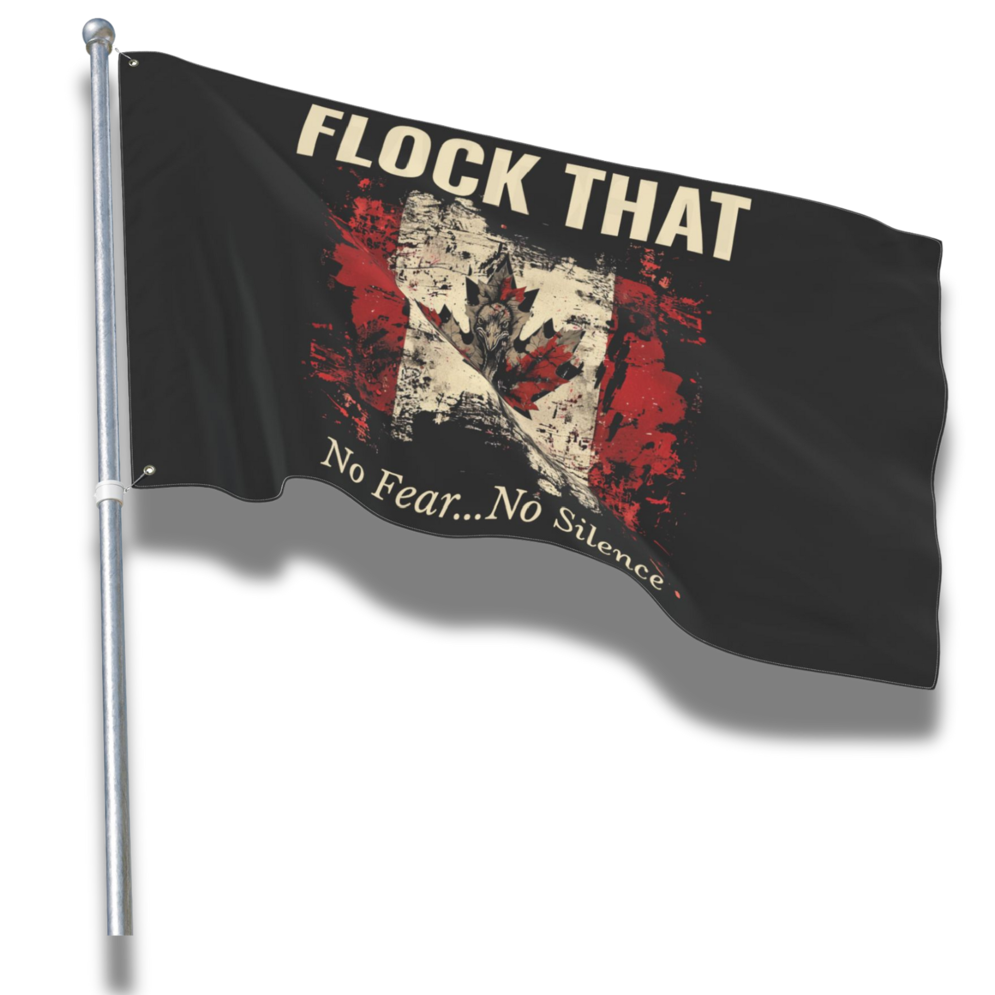 Flag with text 'Flock That' and a graphic design on a black background