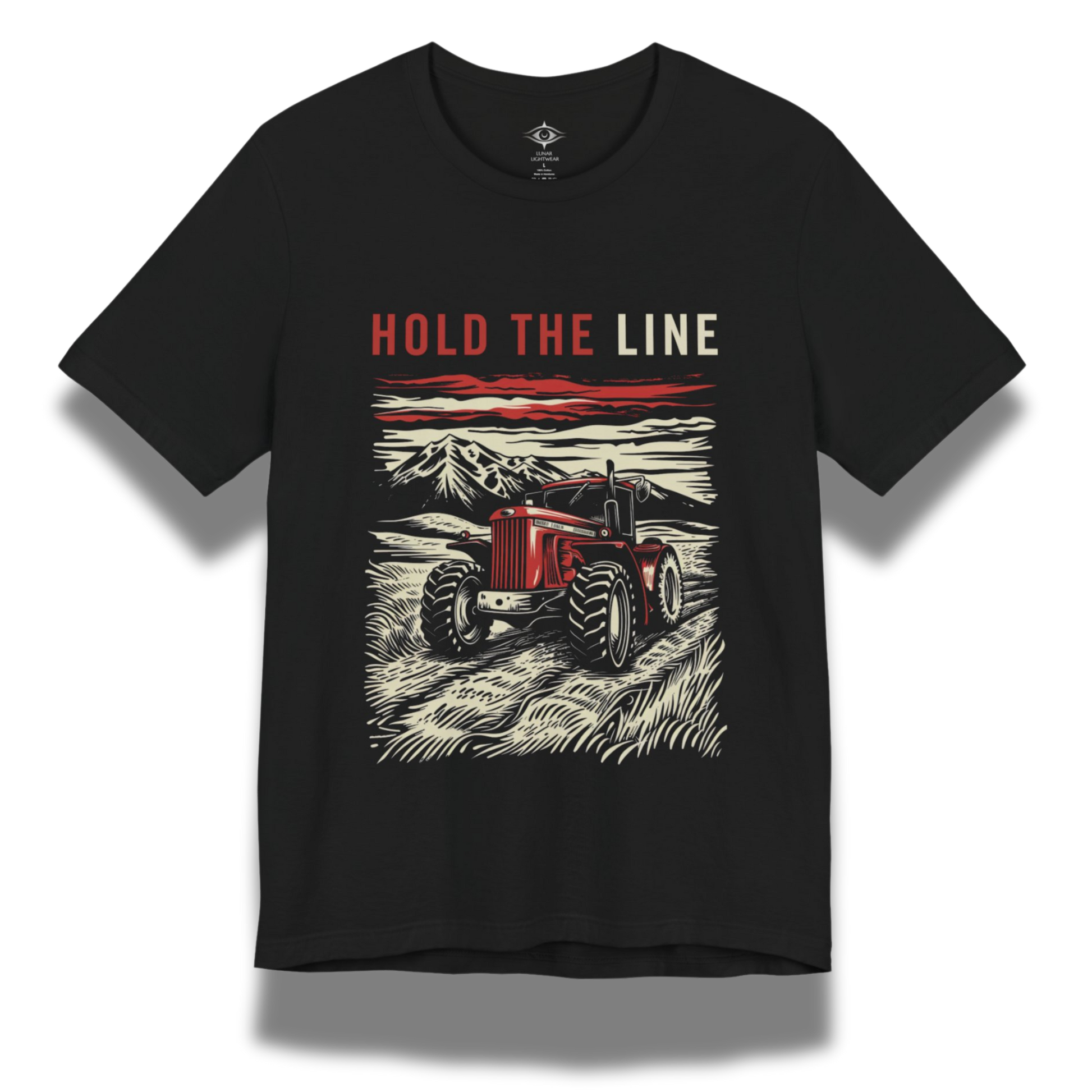 Black t-shirt with a graphic of a red tractor and 'Hold the Line' text on a white background
