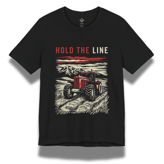 Black t-shirt with a graphic of a red tractor and 'Hold the Line' text on a white background