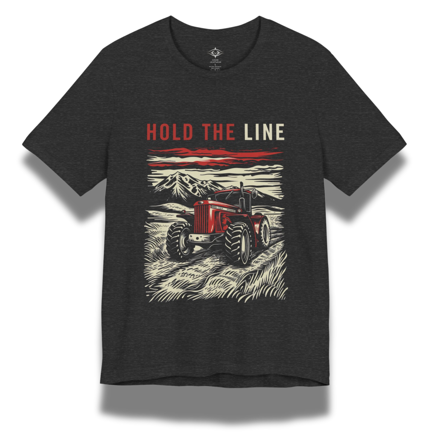 dark grey t-shirt with red tractor graphic and 'Hold the Line' text on a white background
