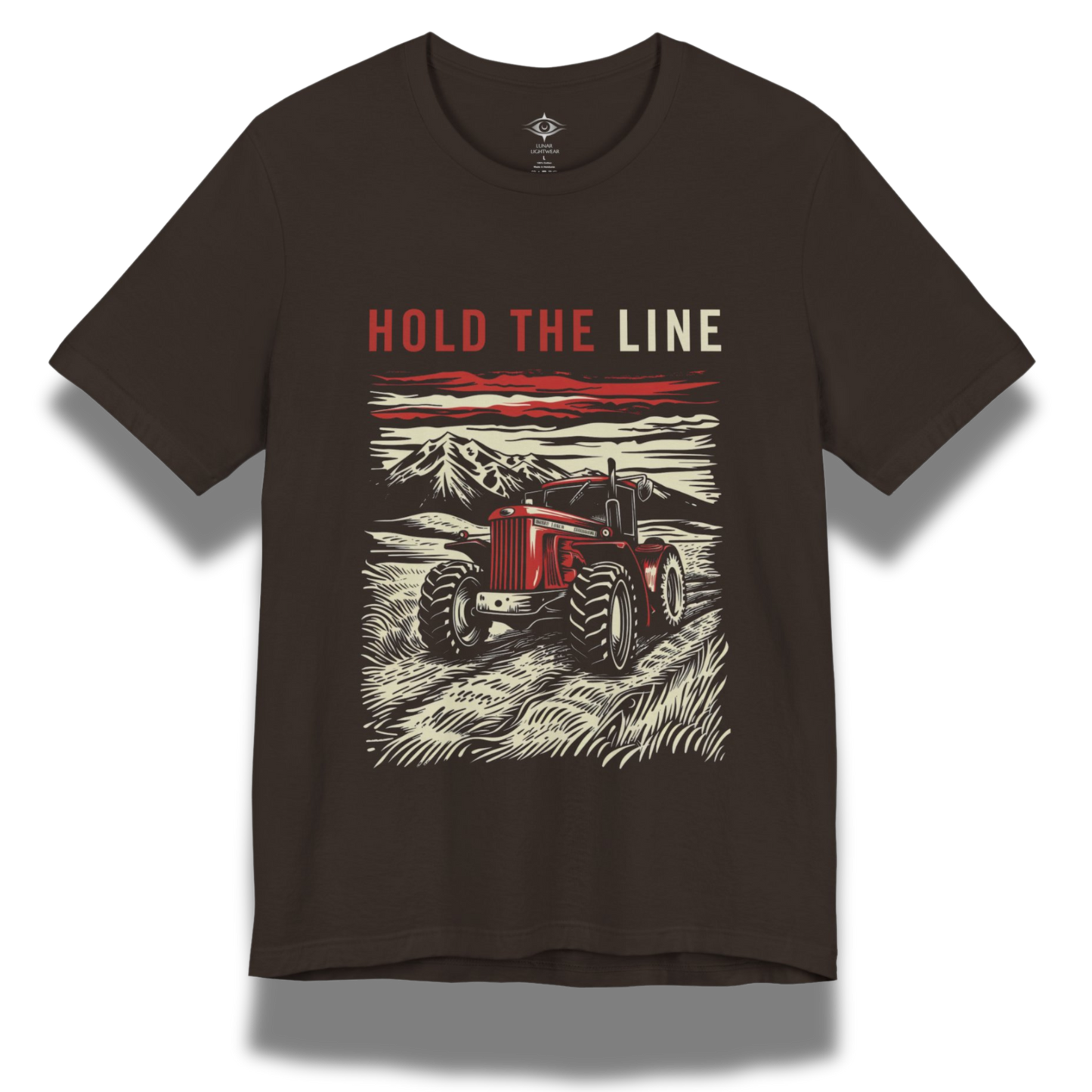 Brown t-shirt with red tractor graphic and 'Hold the Line' text on a white background