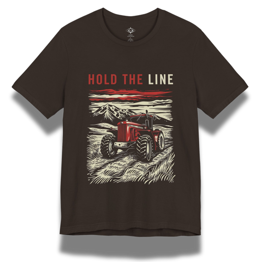 Brown t-shirt with red tractor graphic and 'Hold the Line' text on a white background