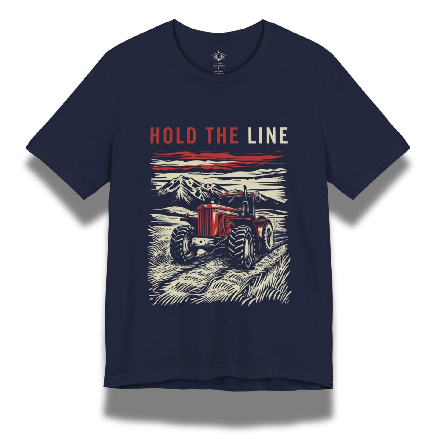 Navy blue t-shirt with a graphic of a red tractor and mountains, and 'Hold the Line' text.