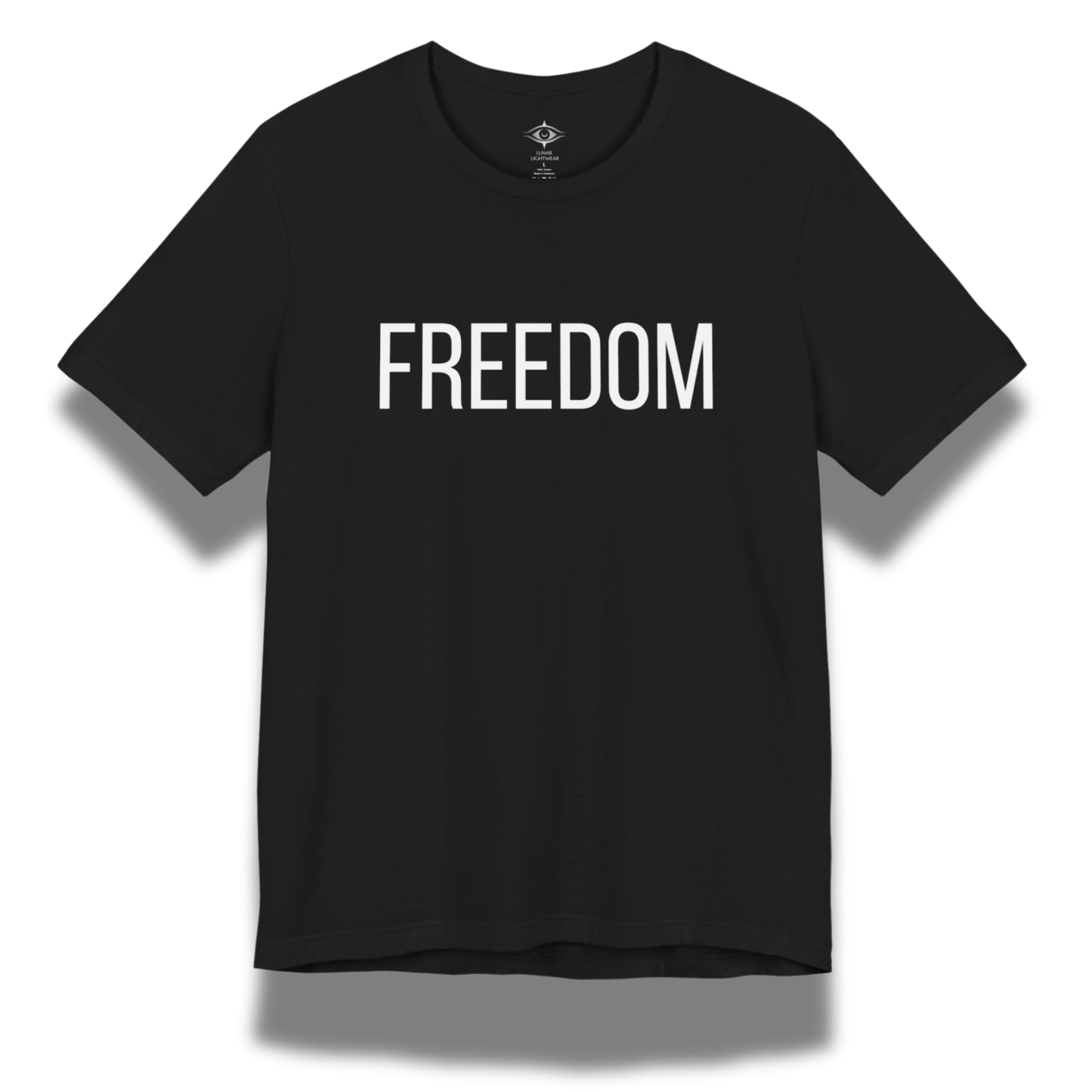 Black t-shirt with 'FREEDOM' printed on it against a white background
