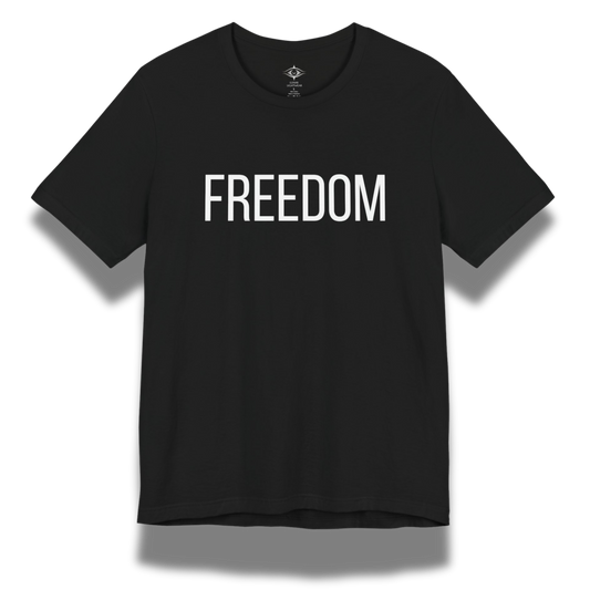 Black t-shirt with 'FREEDOM' printed on it against a white background