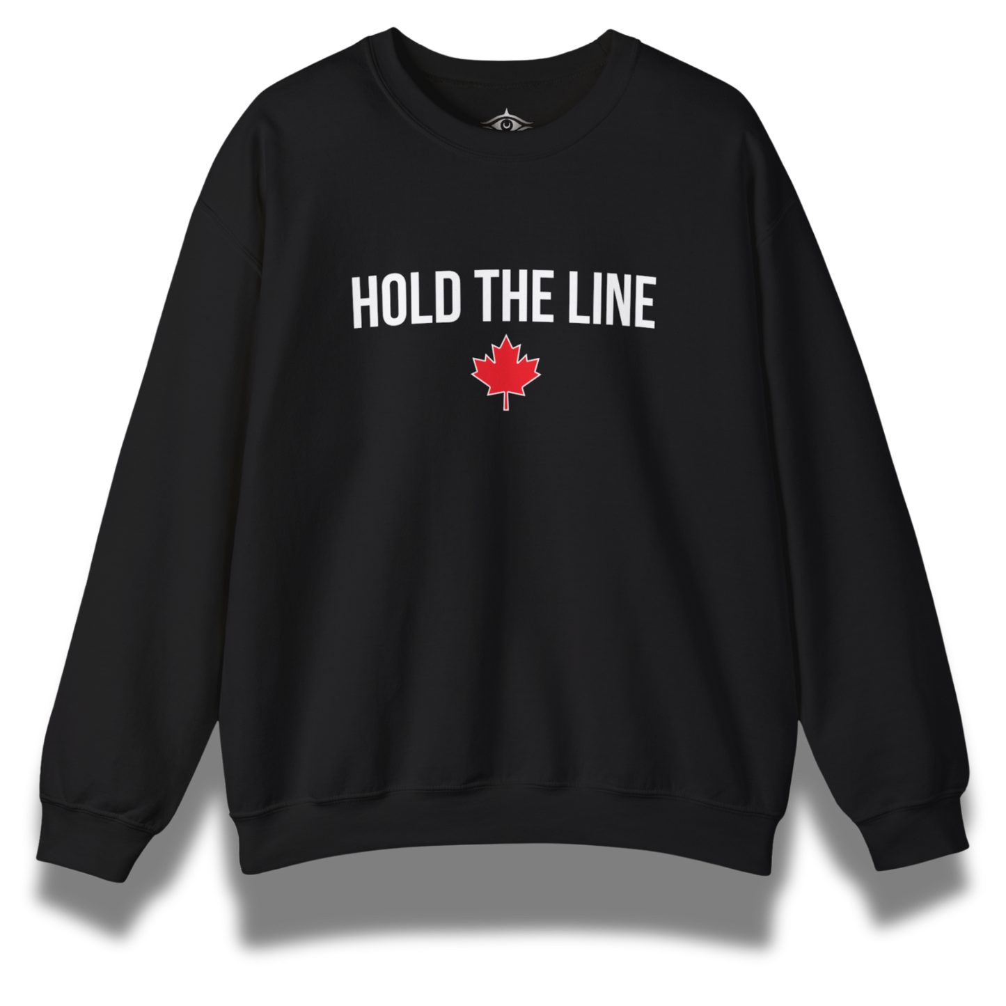 Black sweatshirt with 'Hold the Line' text and red maple leaf on a white background