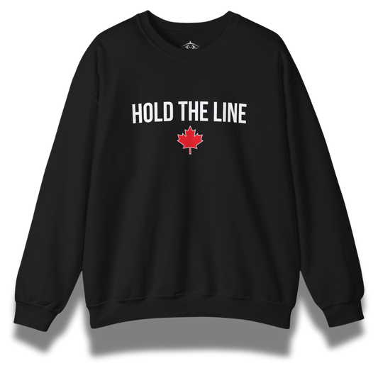 Black sweatshirt with 'Hold the Line' text and red maple leaf on a white background