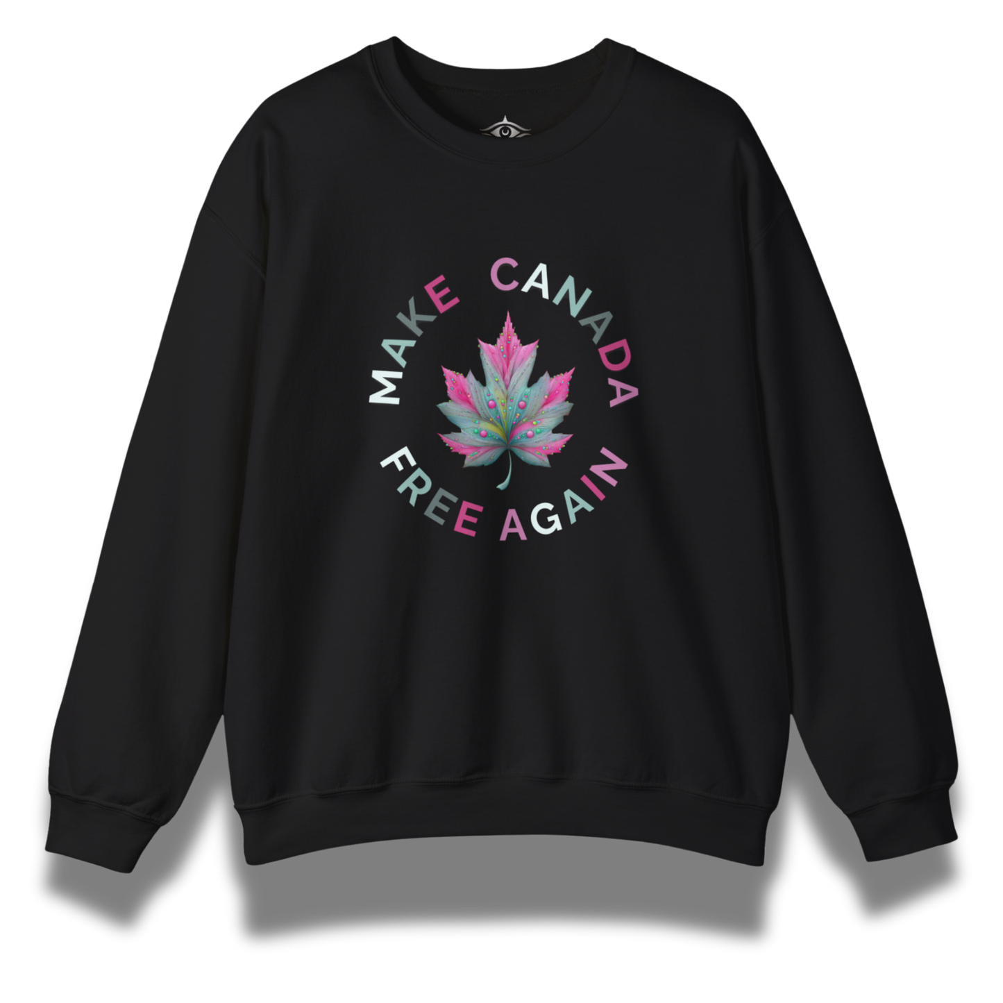 Black sweatshirt with 'Make Canada Free Again' design featuring a pink maple leaf on a white background.