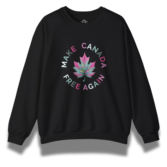 Black sweatshirt with 'Make Canada Free Again' design featuring a pink maple leaf on a white background.