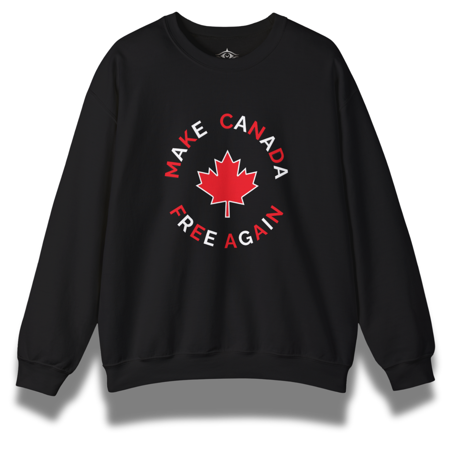 Black sweatshirt with 'Make Canada Free Again' design featuring a red maple leaf on a white background