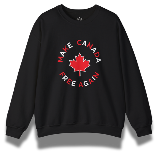 Black sweatshirt with 'Make Canada Free Again' design featuring a red maple leaf on a white background