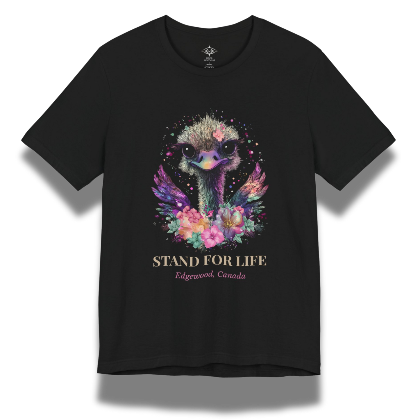Black t-shirt with an ostrich graphic and 'Stand For Life' text on a white background