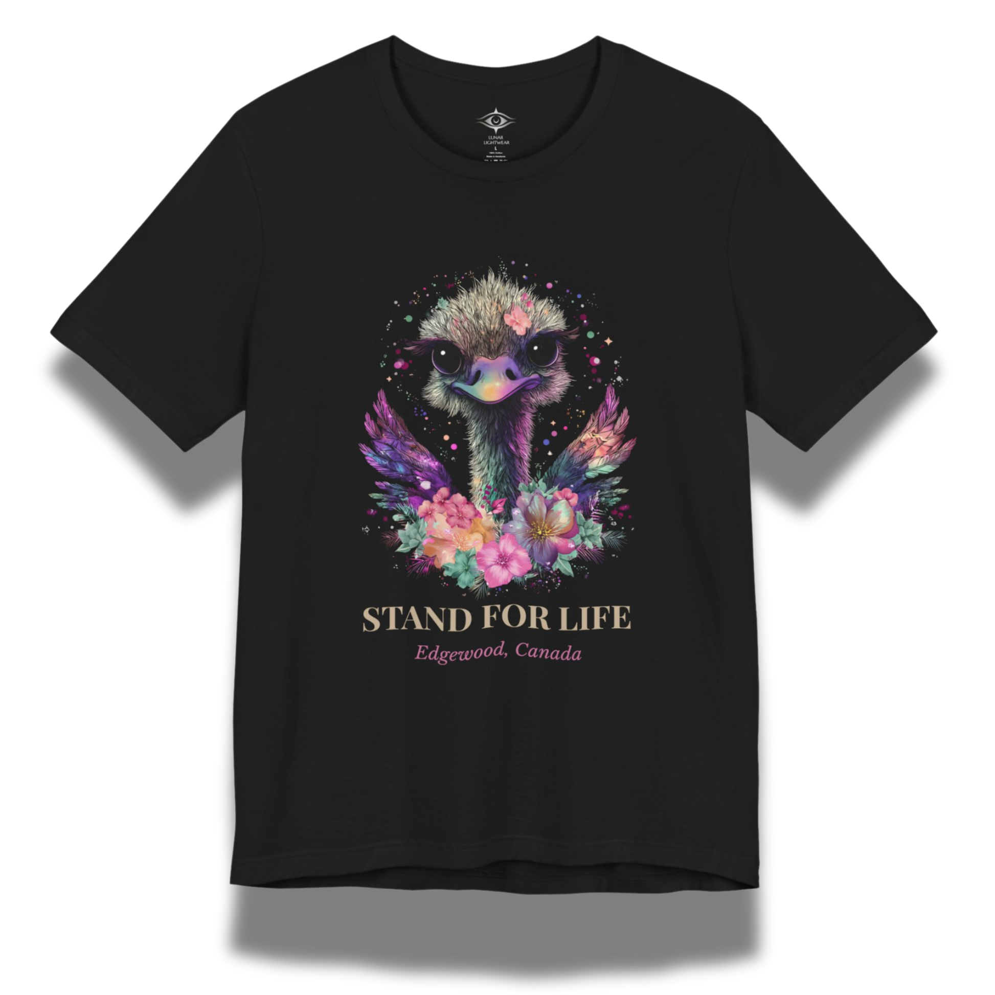 Black t-shirt with an ostrich graphic and 'Stand For Life' text on a white background