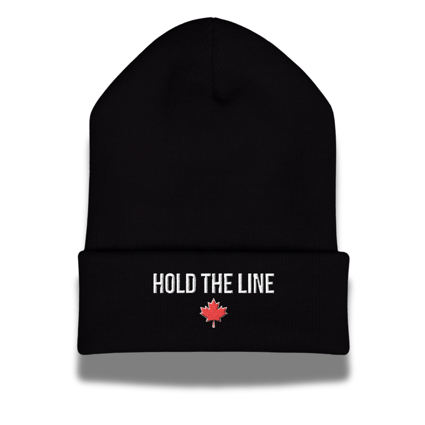 Black beanie with 'Hold the Line' text and red maple leaf on a white background
