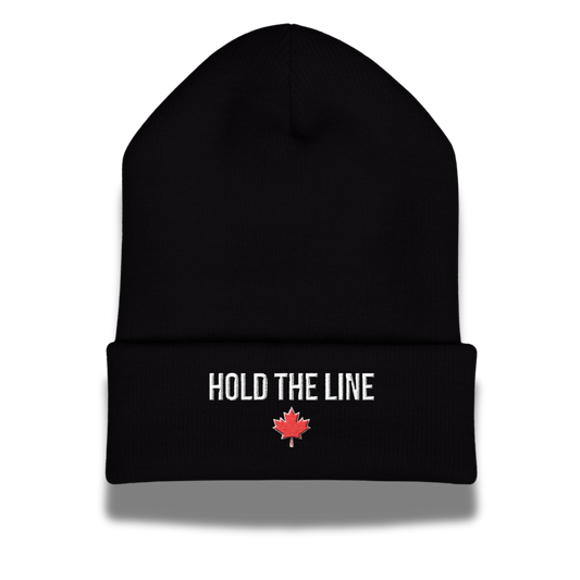 Black beanie with 'Hold the Line' text and red maple leaf on a white background