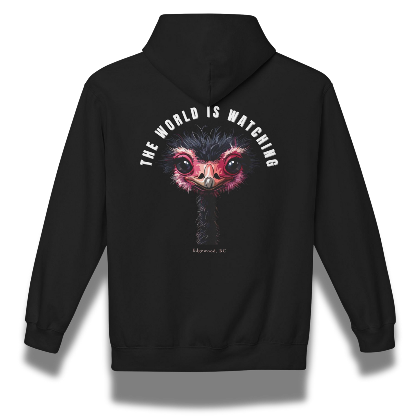 Black hoodie with a graphic design on the back featuring an ostrich and text 'The World is Watching'.