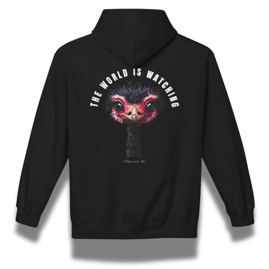 Black hoodie with a graphic design on the back featuring an ostrich and text 'The World is Watching'.