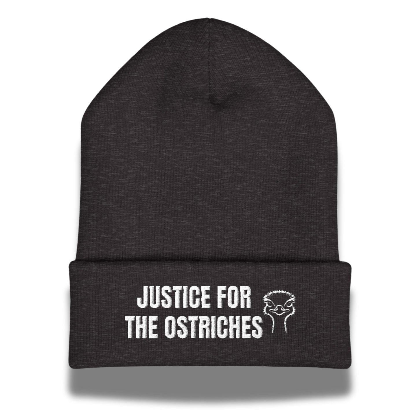 Black beanie with 'Justice for the Ostriches' text and graphic on a white background