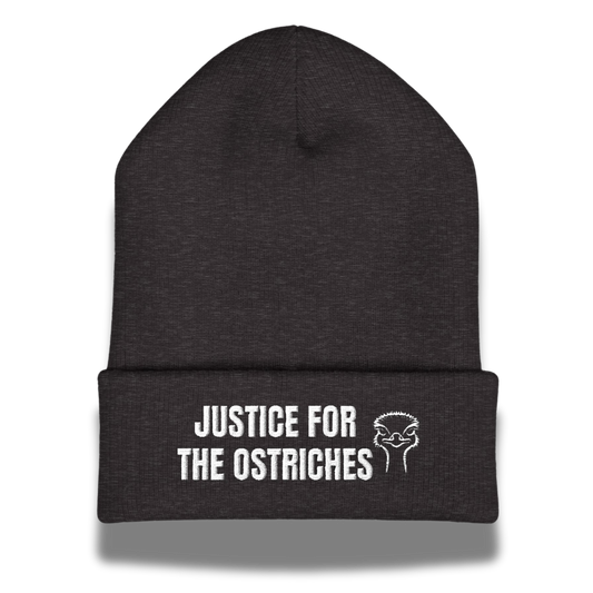 Black beanie with 'Justice for the Ostriches' text and graphic on a white background