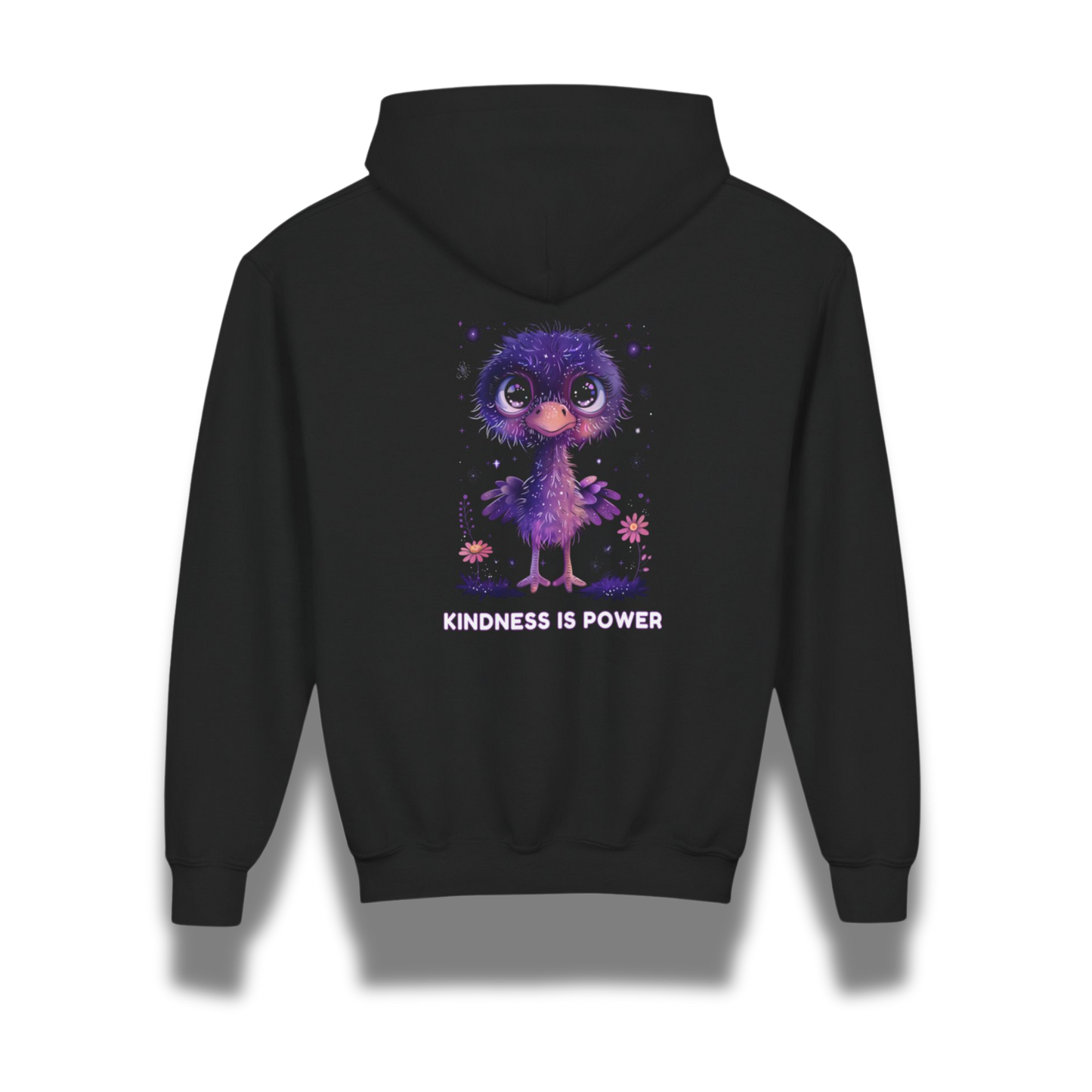 Black hoodie with a purple character and 'Kindness is Power' text on the back